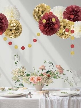 Pom Pom Festive Burgundy & Gold Party Decoration Set Home  Supplies DIY 17p NEW